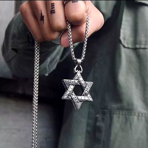 Vintage Hexagram Pendant Necklace Men Fashion Stainless Steel Box Chain - Picture 7 of 8